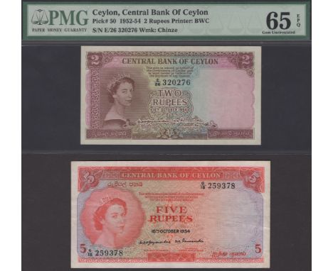 Central Bank of Ceylon, 2 and 5 Rupees, 16 October 1954, serial numbers E/26 320276 and G/18 259378, first in PMG holder 65 E