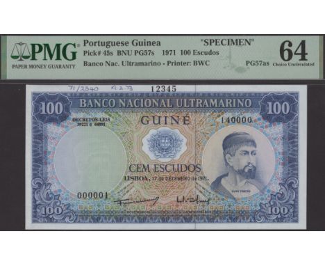 Banco Nacional Ultramarino, Portuguese Guinea, printers archival specimen 100 Escudos, 17 December 1971, serial number range 
