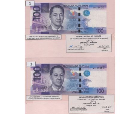 Republika ng Pilipinas, two pairs of proofs for 100 Piso, 2014A, each pair with one of each serial number AA123456 and +12345