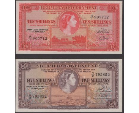 Bermuda Government, 5 Shillings, 1 May 1957, serial number D/2 795852, also 10 Shillings, 1 May 1957, serial number K/1 90571