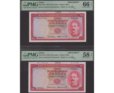 Banco Nacional Ultramarino, Timor, printers archival specimen 60 Escudos (2), 2 January 1959, serial number ranges 000001 to 