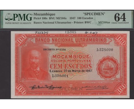 Banco Nacional Ultramarino, Mozambique, printers archival specimen 100 Escudos, 27 March 1947, serial number range 1300001 to
