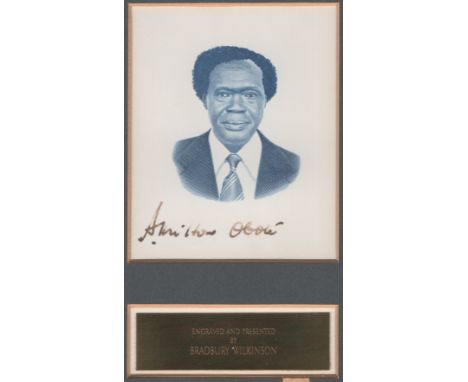 Bank of Uganda, a vignette of President Milton Obote, similar to the one featured on the 1982-85 issues, and hand signed by t