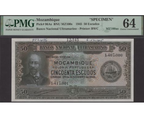 Banco Nacional Ultramarino, Mozambique, printers archival specimen 50 Escudos, 29 November 1945, serial number range 1417001 