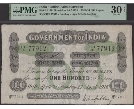 Government of India, 100 Rupees, Bombay, 27 April 1916, serial number CD/9 77912, Gubbay signature, split and re-joined, in P