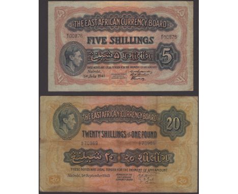 East African Currency Board, 5 Shillings, 1 July 1941, serial number W/2 00876, also 20 Shillings, 1 September 1943, serial n