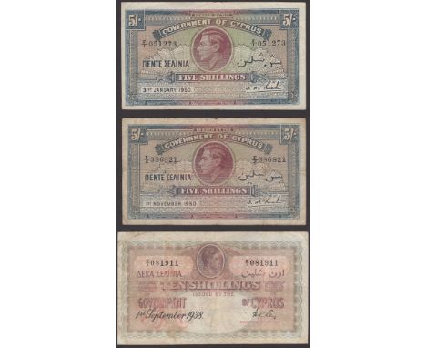 Government of Cyprus, 5 Shillings (2), 31 January 1950, prefixes F/1 and F/2, also 10 Shillings, 1 September 1938, E/1 081911