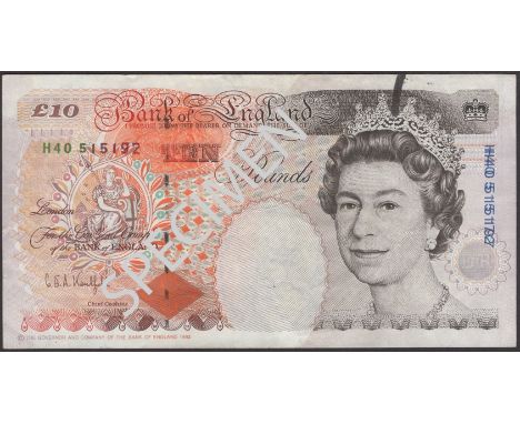 ERROR: Bank of England, Graham E. A. Kentfield, £10, 29 April 1992, serial number H40 515192, serial numbers printed twice, i