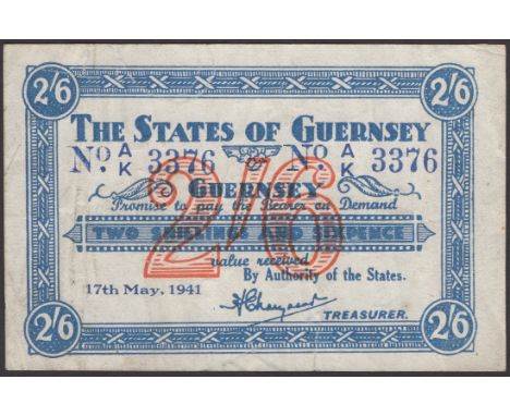States of Guernsey, 2 Shillings and 6 Pence, 17 May 1941, serial number A/K 3376, original good very fine BNYB GU 27b, Pick 2
