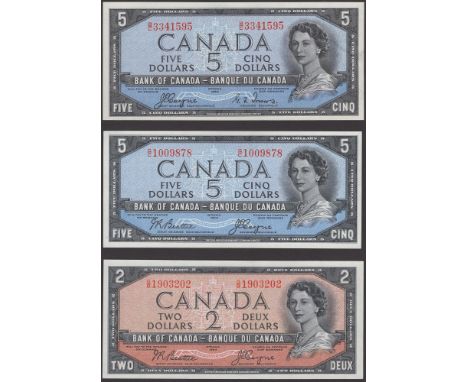 Bank of Canada, $1 (2), 1954, prefixes H/A and R/A, Beattie and Coyne signatures, $2, prefixes A/B and G/B, Coyne/Towers and 