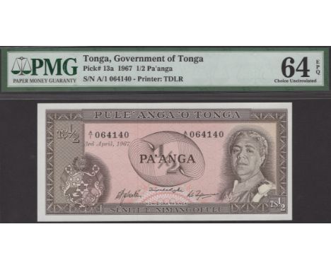 Government of Tonga, 1/2 Pa’anga, 3 April 1967, serial number A/1 064140, in PMG holder 64 EPQ, choice uncirculated, the firs
