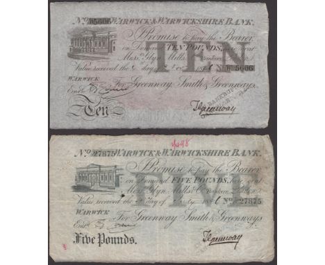 Warwick & Warwickshire Bank, for Greenway, Smith & Greenways, £5, 3 July 1886, serial number W27875, also £10, 4 November 188