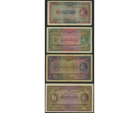 Government of Malta, a group of notes comprising 2 Shillings and 6 Pence, 5 and 10 Shillings and £1, 13 September 1939, prefi