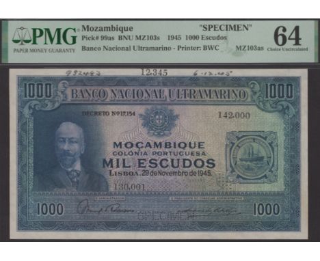Banco Nacional Ultramarino, Mozambique, printers archival specimen 1000 Escudos, 29 November 1945, serial number range 130001