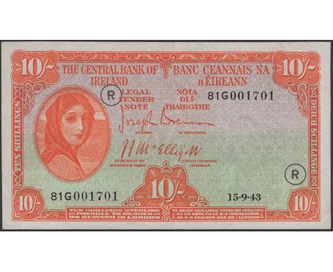 Central Bank of Ireland, 10 Shillings, 15 September 1943, serial number 81G 001701, black War Code R, Brennan and McElligott 