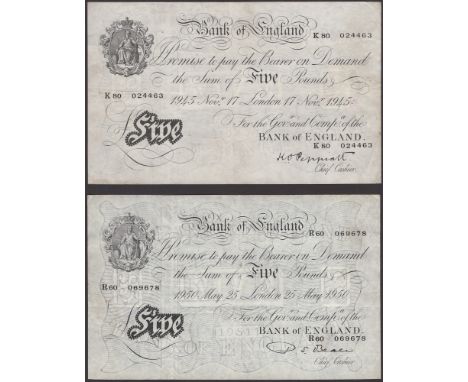 Bank of England, Kenneth O. Peppiatt, £5, 17 November 1945, serial number K80 024463, Beale, £5, 25 May 1950, serial number R