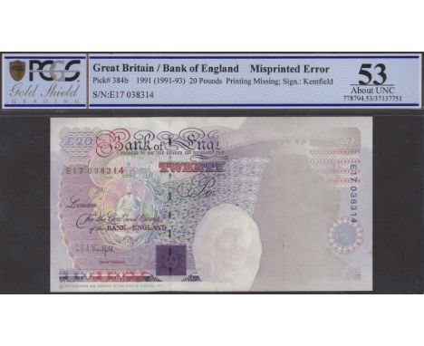 ERROR: Bank of England, Graham E. A. Kentfield, £20, 25 November 1991, serial number E 17 038314, portrait of Queen Elizabeth