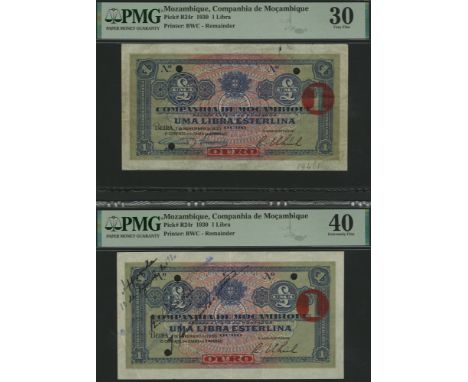 Companhia de Mocambique, proofs for 1 Libra Esterlina (2), 1 November 1930, no serial numbers, red OURO and 1 overprints and 