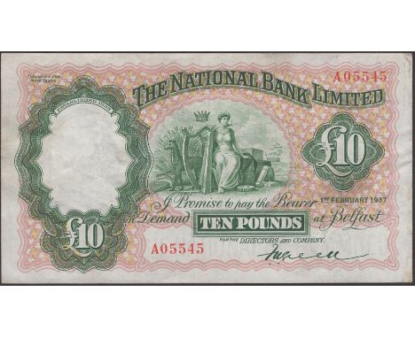 The National Bank Limited, £10, 1 February 1937, serial number A05545, Green signature, original paper quality, good very fin