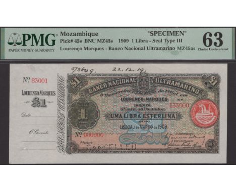 Banco Nacional Ultramarino, Mozambique, printers archival specimen 1 Libra Esterlina, 1 March 1909, serial number range 83001