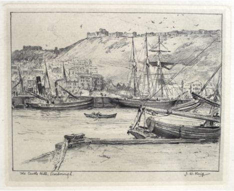 A selection of pictures including JW King: The Castle Hill, Scarborough, a print signed to the plate, a watercolour of a coup