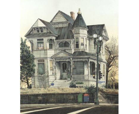 An American Gothic house, coloured lithograph, artists proof, signed indistinctly M. Corning? lower right,  56 by 47cm.