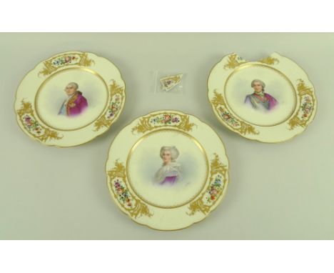 A group of three Sevres porcelain cabinet portrait bust plates, late 18th century, decorated against an ivory ground with gil