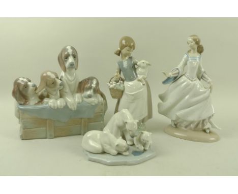 A selection of four Lladro figures, comprising a dancing girl in medieval dress, 25.5cm, a young shepherdess, four puppies in