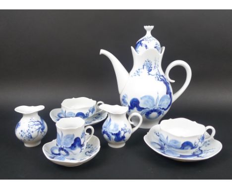 A Meissen porcelain part tea set, decorated in the Blue Orchid pattern, comprising a coffee pot, one coffee cup and saucer, t