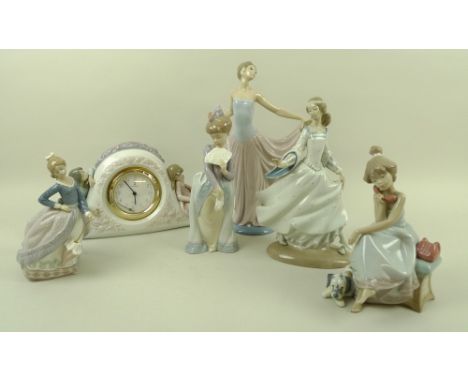 A group of six Lladro figurines, comprising Two Sisters Clock, 5776, 16 by 31cm, The Dancer, 5050, 30cm, Cinderella, 4828, 25