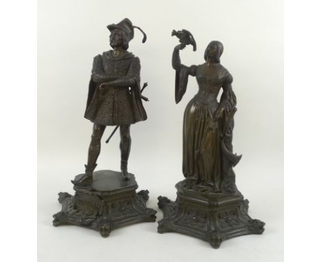 A pair of bronze figures, early 20th century, one depicting an actor playing Bocage Buradin in 'The Tower of Nesle' by Freder