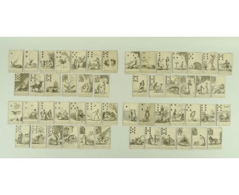 A full set of Georgian playing cards, 52/52, each card with individual copper plate engraved design of figures, animals or ob