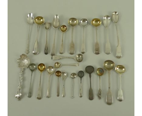 A collection of 18th century and later silver spoons, including a Georgian vine leaf caddy spoon, Joseph Willmore, a sterling