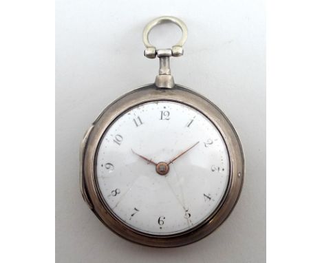 A George III silver gentleman's pair cased pocket watch, open faced, key wind, white enamel dial bearing Arabic numerals and 