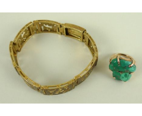 A South African 9ct gold bracelet, the rectangular links with pierced animal design, 18cm long, together with a 9ct gold and 