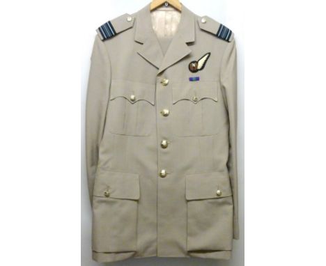 An RAF Number 6 service dress uniform, of jacket and trousers in buff khaki, together with an RAF Number 1 service dress unif