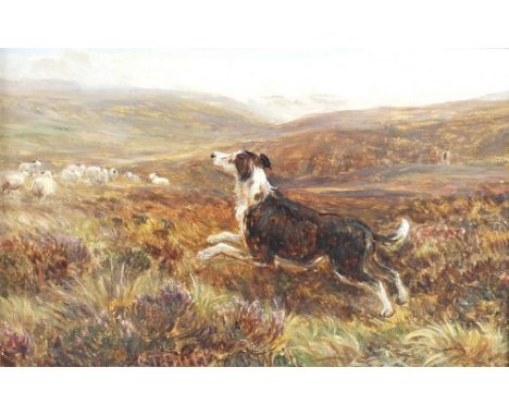 E. J. Burt: a collie dog with sheep, in a moorland landscape, oil on board, signed and with dedication lower centre, to D. Wa