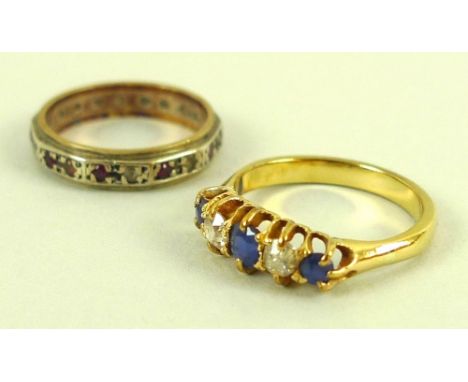 An 18ct gold, diamond and sapphire five stone ring of three sapphires and two diamonds, size M, 3.7g, together with a 9ct gol