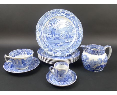 A mostly Copeland Spode blue and white part dinner set comprising eight dinner plates, 26cm, five salad plates, seven side pl