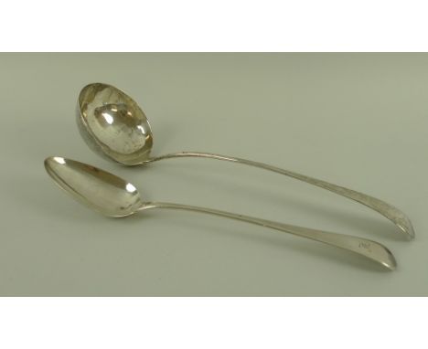 A Georgian silver ladle, George Burrows, 1790, 32.5cm long, together with a silver serving spoon, Peter Anne and William Bate
