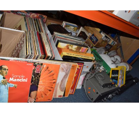 EIGHT BOXES AND LOOSE ELECTRONICS, CERAMICS, BOOKS, RECORDS AND SUNDRY ITEMS, to include a Yaesu FRG-7700 communications rece