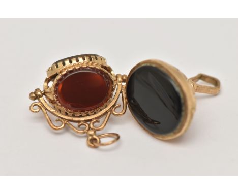 TWO 9CT GOLD FOBS, the first a yellow gold spinning fob, set with onyx, carnelian, and bloodstone, hallmarked 9ct Birmingham,