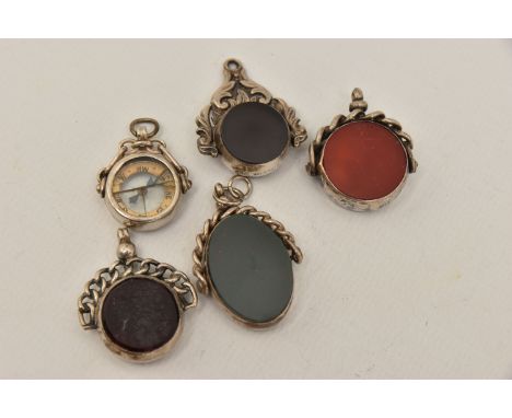 FIVE SWIVEL FOBS, four with full silver hallmarks, set with bloodstone, carnelian, and two with compass, one white metal swiv