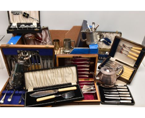 A BOX OF ASSORTED CASED SETS OF CUTLERY AND WHITE METAL WARE, to include three tankards, a teapot, a coffee pot, a wooden can