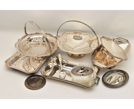 A BOX OF ASSORTED WHITE METAL WARE, to include a silver plate basket tray by 'Deakin &amp; Francis', an entree dish with cove