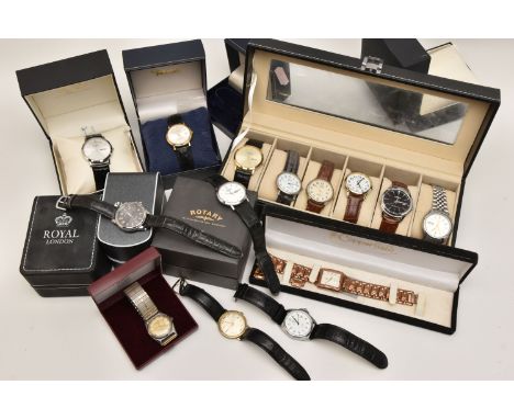 A BOX OF ASSORTED WATCHES, to include a watch case, encasing six watches, names to include rotary, Citizen, Lorus, Timex and 