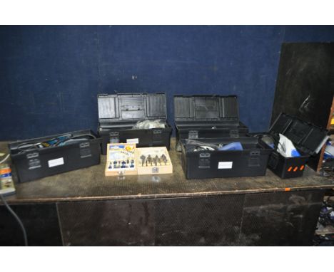 FIVE PLASTIC TOOLBOXES CONTAINING POWER TOOLS including Power Craft angle grinder, reciprocating saw and power plane, a Power
