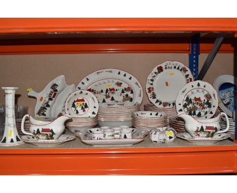 SIXTY FIVE PIECES OF MASON'S 'CHRISTMAS VILLAGE' DINNERWARES to include two sauce boats and stands, a large oval meat plate, 
