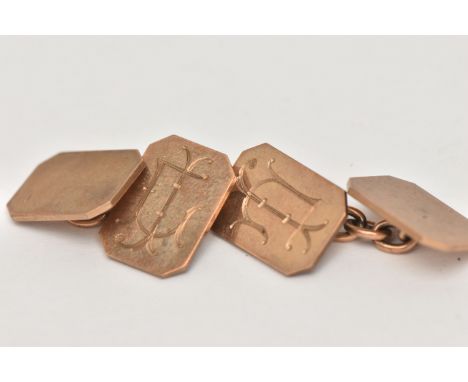 A PAIR OF MID 20TH CENTURY YELLOW METAL CUFFLINKS, designed as plain polished rectangular shape links, two with initial monog