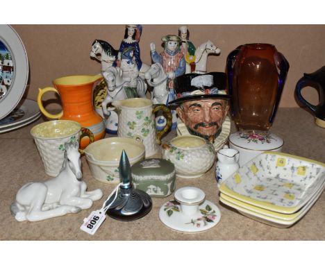 A GROUP OF DECORATIVE CERAMICS, to include two hand-painted Rye Pottery figurines, 'The Guildsman', and 'The Wife of Bath' bo